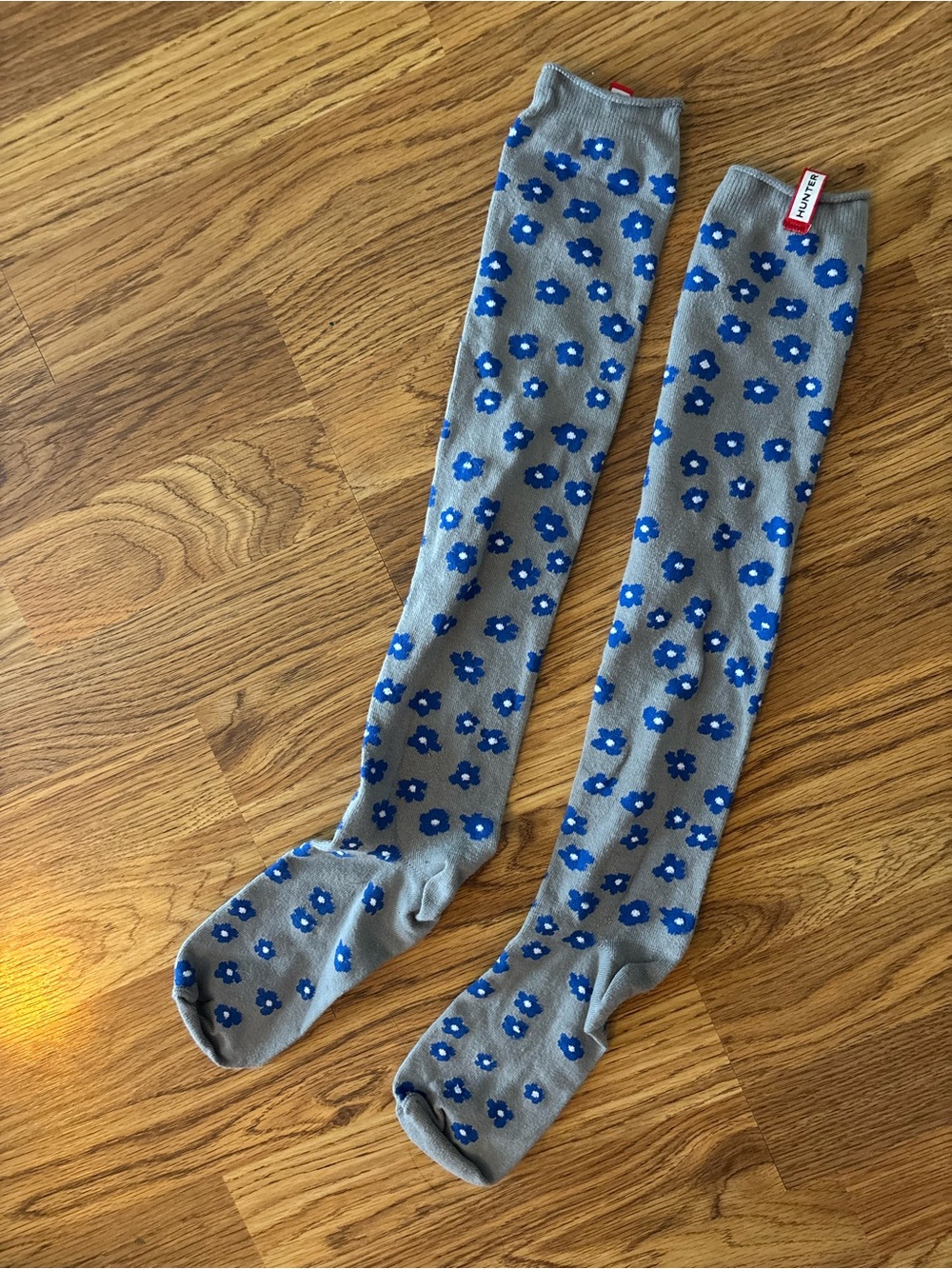 Hunter Gray Knee-High Socks with Blue Flower Print